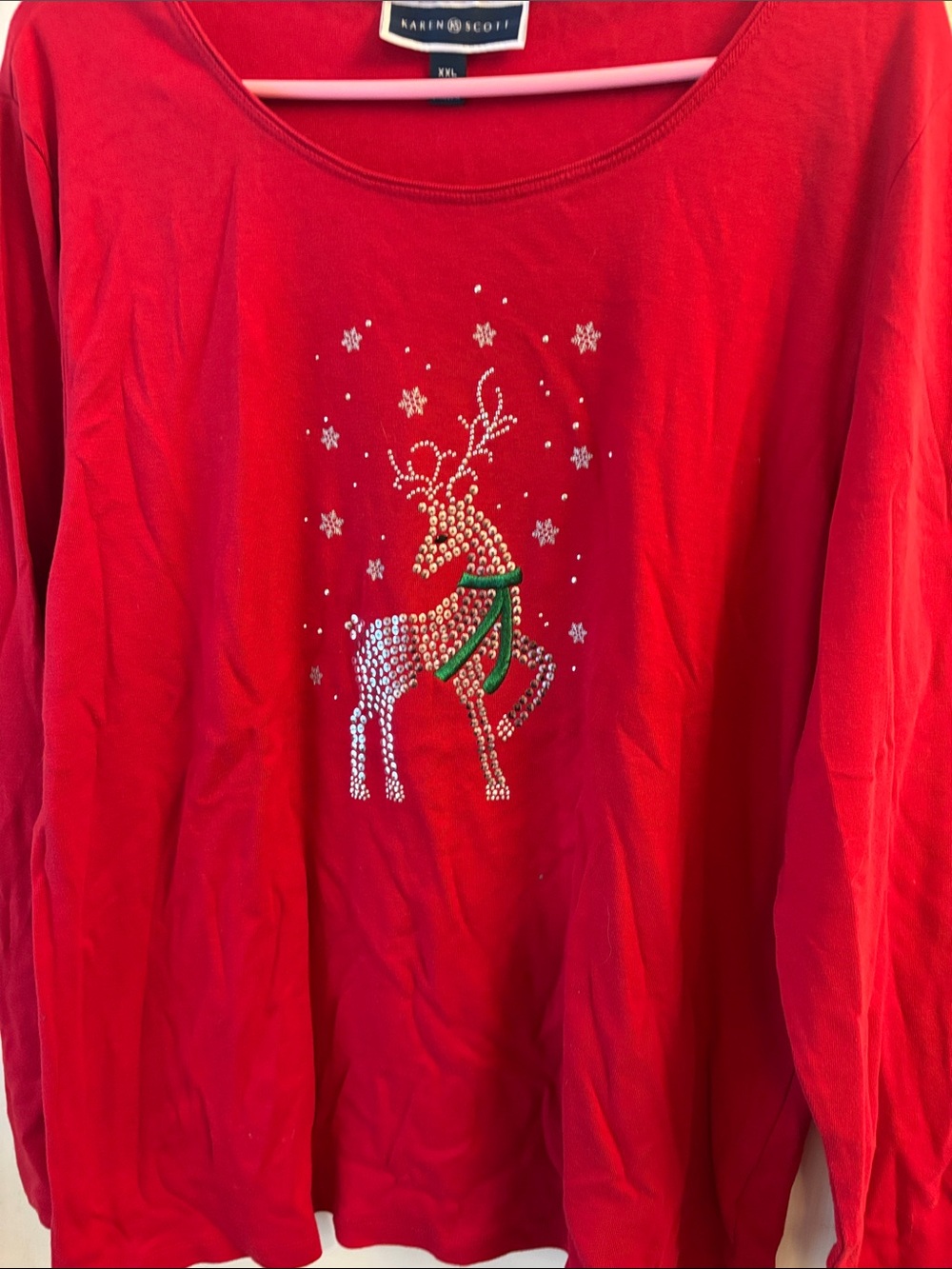 Karen Scott Red Long-Sleeve Rhinestone Reindeer Tee with Green Scarf Accent